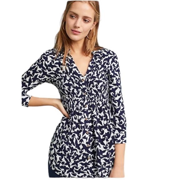 MAUVE Alexa smocked button down, Anthropologie, blue & white size Small - Picture 5 of 7